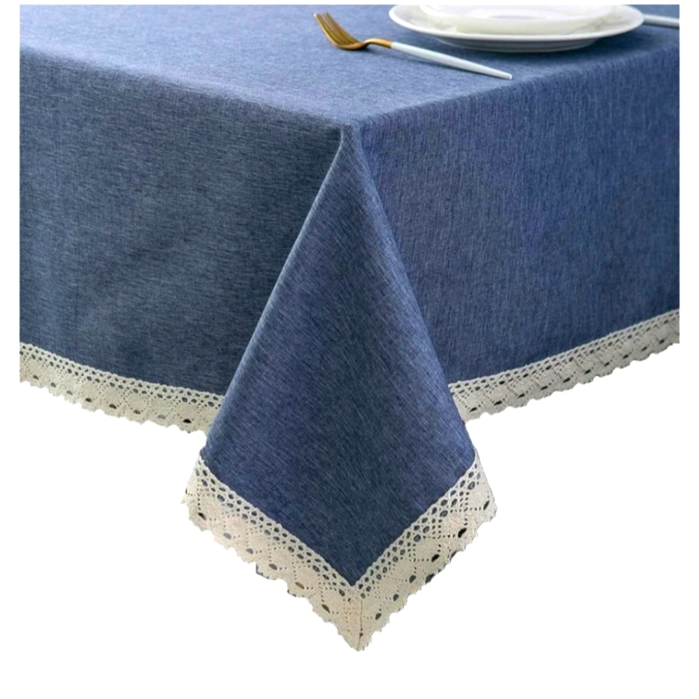 EHouseHome faux Linen tablecloth 70x70 & Napkins 20x20 denim blue & cream NWOT